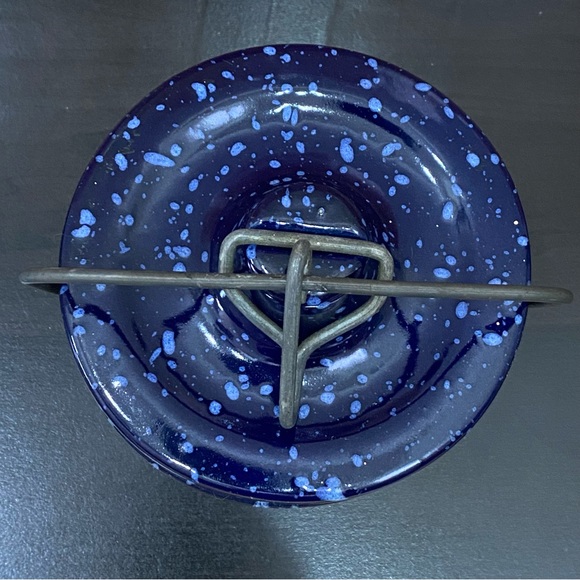 Vintage Stoneware Crock Speckled Cobalt Blue Butter Cheese Crock Jar Wired Lid - Picture 8 of 16